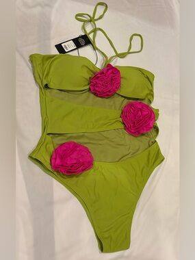 Green One-Piece Swim Suit with Pink Flower Accents Size XL